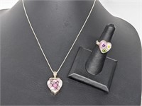 .925 Sterling Silver Heart Necklace & Ring Set