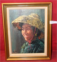 FRAMED ORIENTAL LADY CANVAS PAINTING