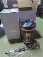 2 football tumblers with metal straws