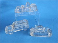 VTG CLEAR GLASS CANDY CONTAINERS-CAR,TANK LOCOMOTI