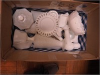 Box of milk glass including vases, compotes