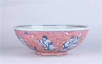 Chinese Copper Red & Blue Glazed Bowl w Immortals