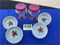 Strawberry set 2 glass canisters with 8 matching