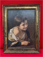 Painting of Young Boy in Patinaed Gold Frame