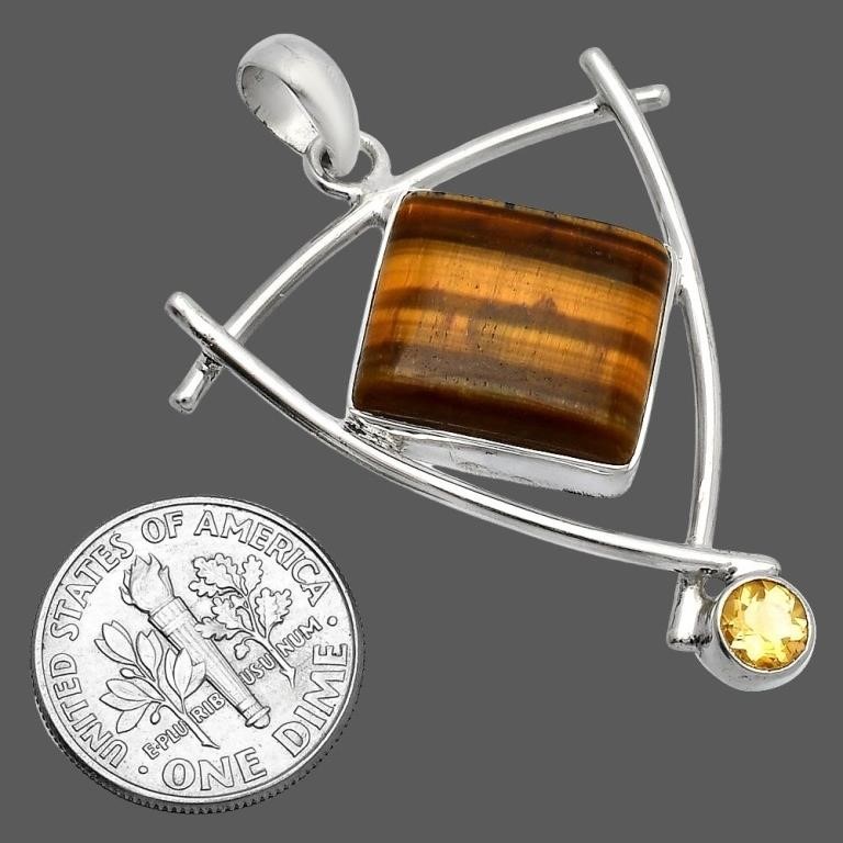 925 Sterling Silver Tiger Eye & Citrine Pendant