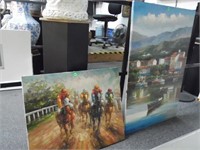 2 PC OIL ON CANVAS - HORSE RACE & BOATS IN HARBOR