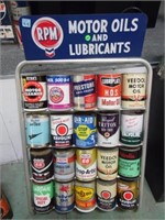 VINTAGE DISPLAY RACK WITH COLLECTIBLE OIL CANS - L