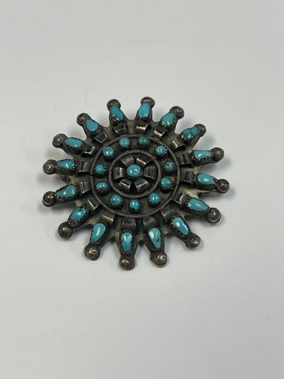 STERLING? & TURQUOISE BROOCH - NOT MARKED