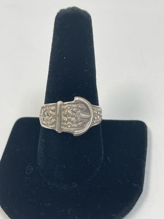 STERLING SILVER FLORAL BUCKLE RING WITH HALLMARKS