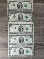 (5) 1976 Two Dollar Bills in Sequential Order
