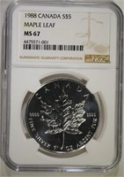 1988 CANADA $5 MAPLE LEAF NGC MS67