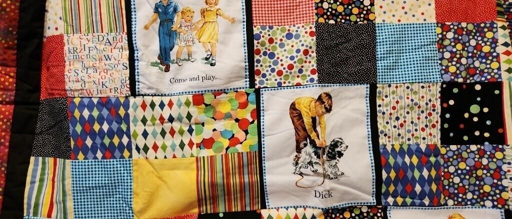 E5) New home made baby quilt.   Fun with Dick and
