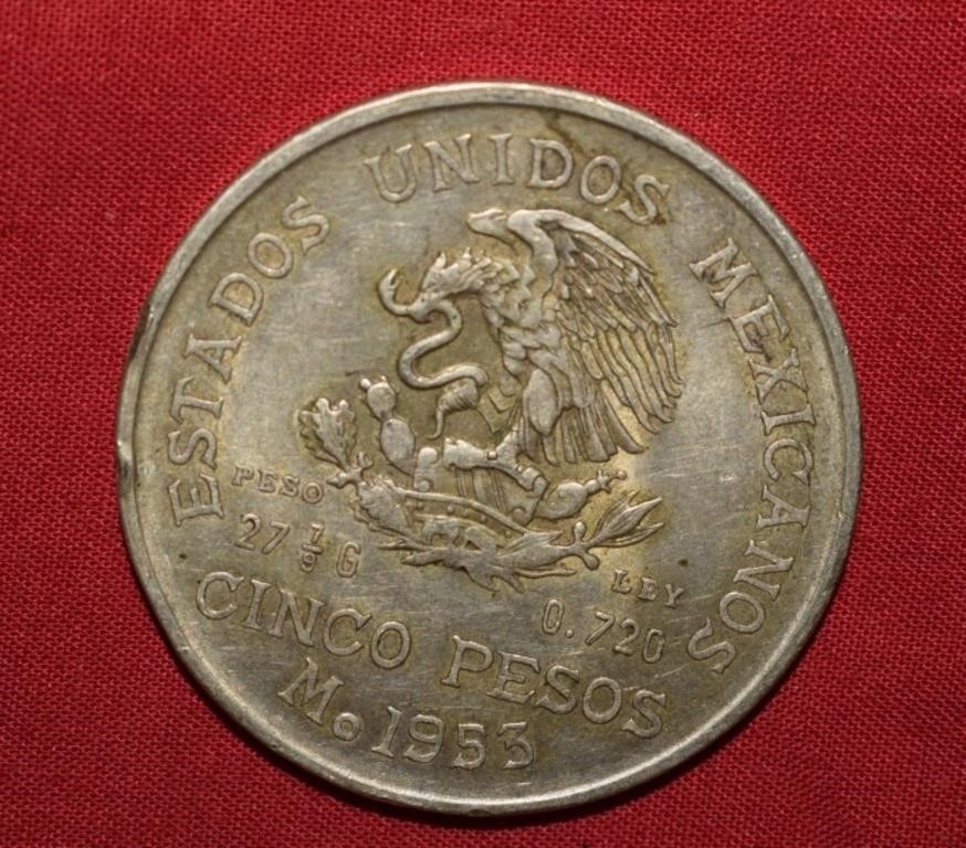 1953 Silver Five Pesos  ASW 0.720  27-2/9g