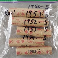 5ct Rolls "S" Wheat Pennies 1950-1954