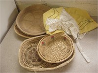 Four Straw Baskets & Vintage Apron Longest 12"