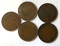 5 Can. Large One Cent Coins(1915x2,1917,1918,1919)