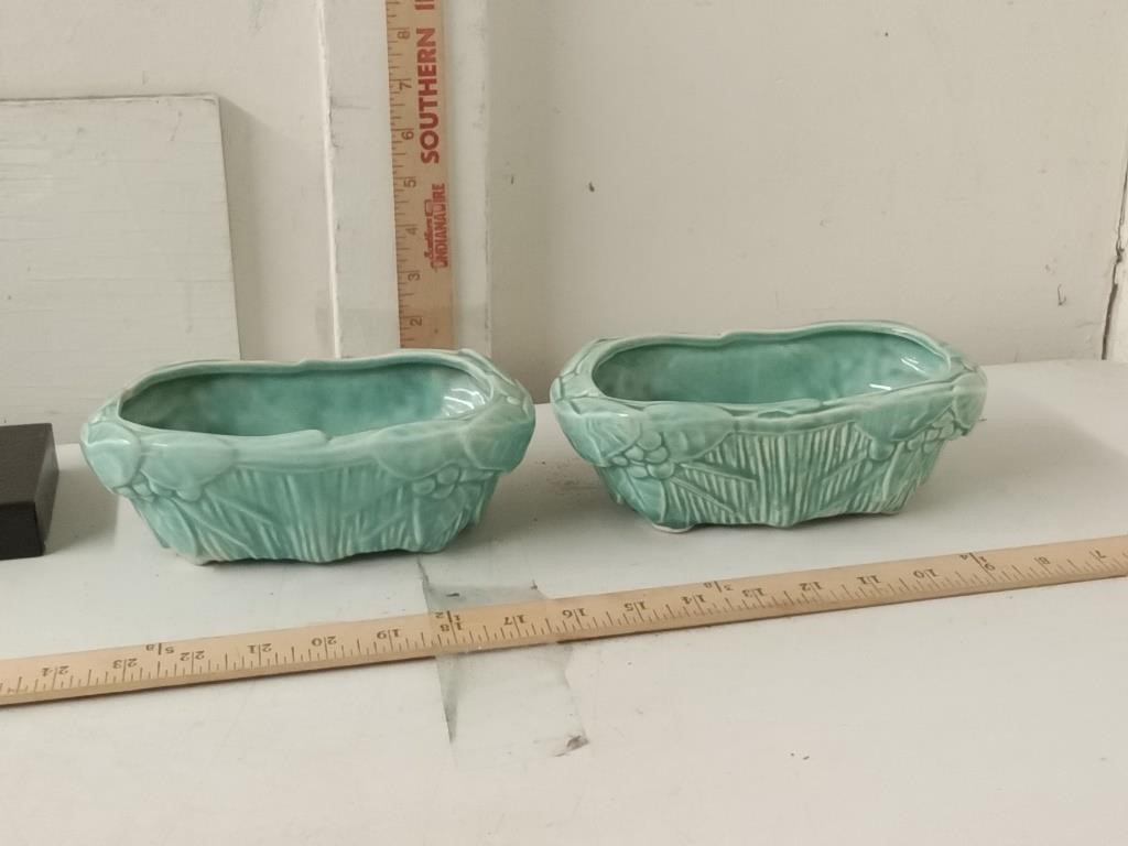 2 MCCoy pottery 8" aqua green leaf & berry