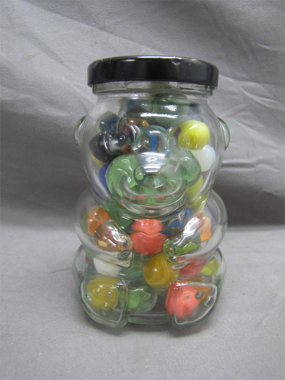 Small Glass Bear Jar Filled with Marbles