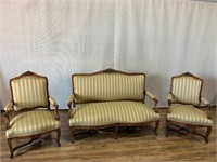 Wood Trim Striped Sofa with Pair of Arm Chairs