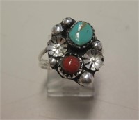 Sterling Silver Turquoise & Coral SW Ring