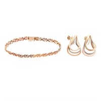 A Pair of Tri Color Gold Earrings & Bracelet