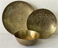 3 Beautifully Engraved Chinese Brass Bowls