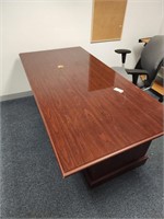 Desk, 2 red chairs, shelf & lateral file cabinet