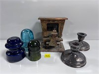 Vtg Glass Insulators,Silverplated Candle Holders..