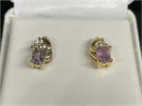 Gold Tone Sterling Silver Purple/White Stone Earri