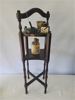 Wooden stand/corn whiskey jug/ink pen and bottle