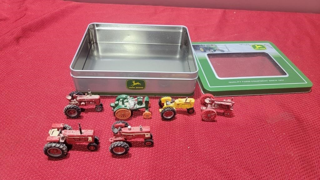 6 mini diecast tractors in tin