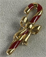 VINTAGE MONET RED & GOLD TONE CANDY CANE PIN