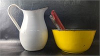 Vintage Porcelain Enameled Bowl & Pitcher ++
