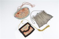 2 CHINESE EMBROIDERED & A NICKEL SILVER PURSE