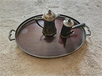 Tea tray with engraved tea pot, & handled tea pot