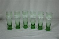 Six green & white enamel overlay glasses 7.25"