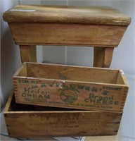 Two wooden cheese boxes and wooden stool - Mayflow
