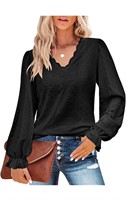 (XL)Misyula Womens Lace V Neck Puff Long Blouse