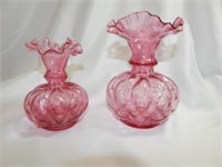 Pair Fenton Cranberry Melon Vase Optic Ruffled