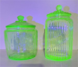 2 green depression uranium glass canisters