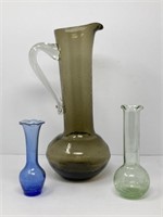 MCM Crackle Glass Pitcher and Bud Vases