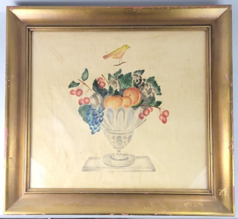 Framed Folk Art Theorem Bowl of Fruit Painting.