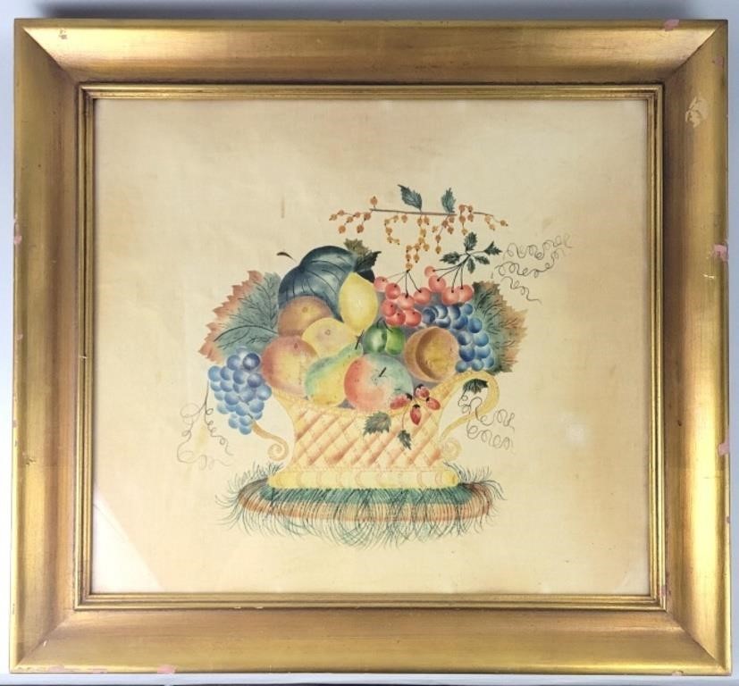 Framed Folk Art Theorem Bowl of Fruit Painting.