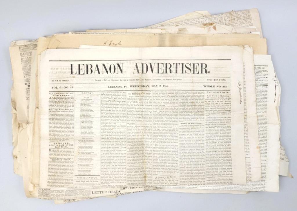 19th C Historical Local Lebanon PA Newspapers.