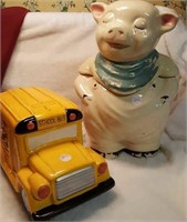 Cookie jars,pig by USA with damage, School Bus