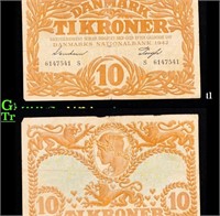 1942 Denmark 10 Kroner Banknote P# 31l Grades xf+
