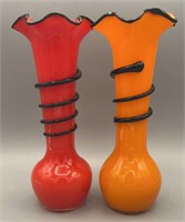 Czech Red & Orange Tango Pointed Trailed Vases