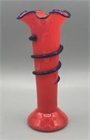 Czech Red Tango Vase W/ Cobalt rim & Trailing