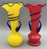 Red & Yellow Czech Tango Vases W/ Cobalt Accents