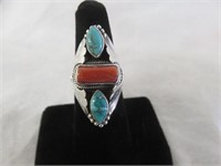 STERLING SILVER CORAL AND TURQUOISE RING SZ 8